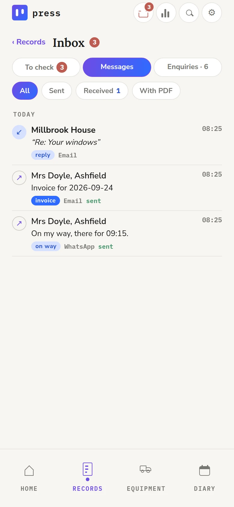 The Inbox's messages: an email reply from Millbrook House, an invoice emailed to Mrs Doyle, and a WhatsApp saying On my way, there for 09:15