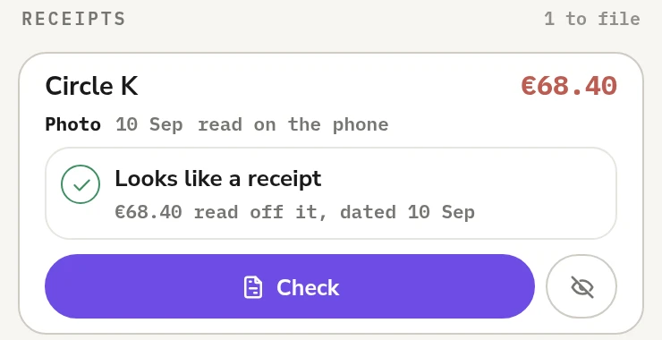 In the Inbox under Receipts: Circle K, 68.40 euro, a photo from 10 September read on the phone. Looks like a receipt, with a Check button